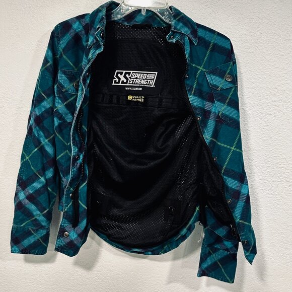 Speed and Strength Womens Reinforced Moto Shirt Teal Plaid Zip and Snap Sz Small - Picture 3 of 13